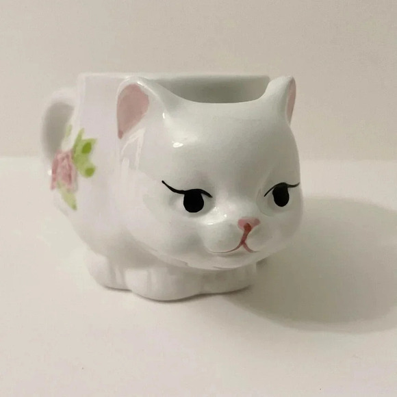 Vtg White Ceramic Kitty Cat Pink Flowers  Tea Bag Holder Cup Mug Small Chip - Picture 7 of 16